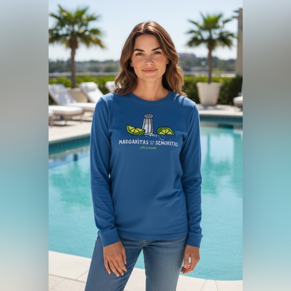 Life Is Good Women's M Long Sleeve Tee Festive Fun Party Vacation Graphic